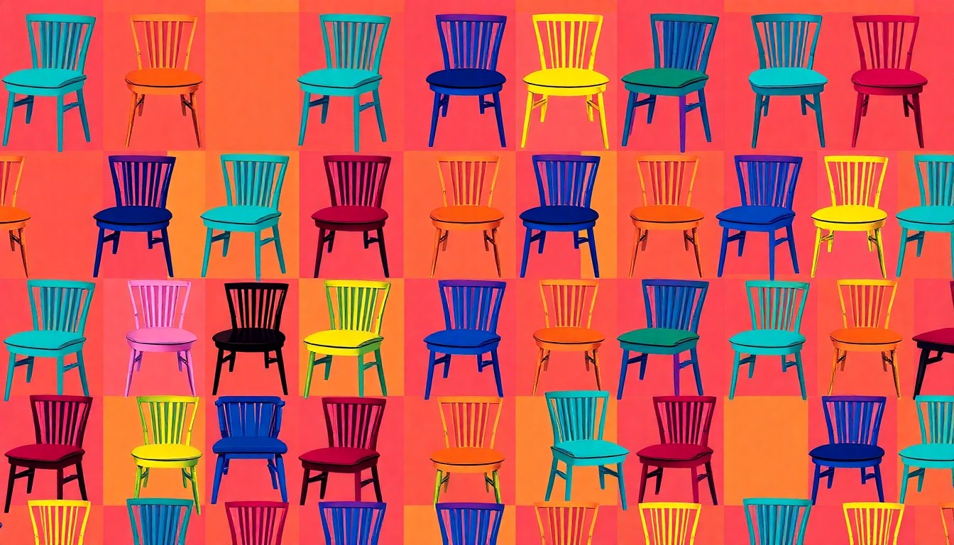 A brightly colored, high-contrast silkscreen print of a single, iconic dining chair repeated in a tight grid pattern, capturing the playful and personalized nature of the mismatched dining chair trend.