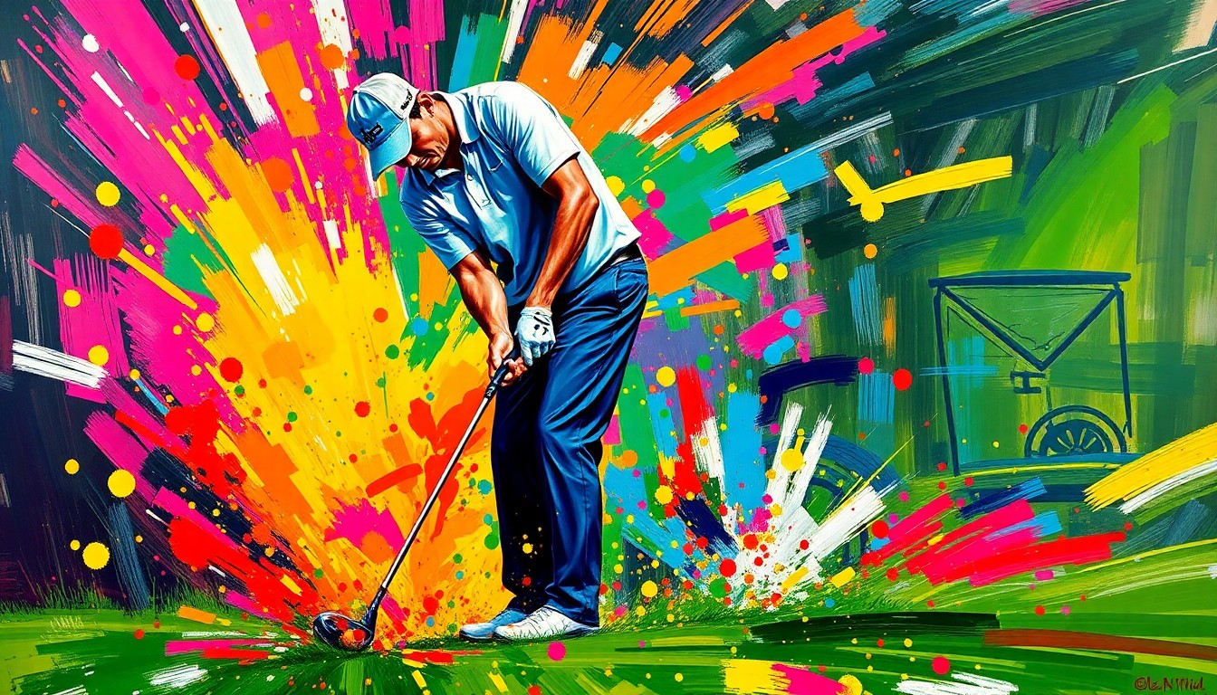 An abstract, expressionist painting featuring bold, neon-colored brushstrokes that convey the dynamic motion and energy of a professional golfer's putting stroke, with the putter and golf ball dissolving into unrecognizable splatters of paint.