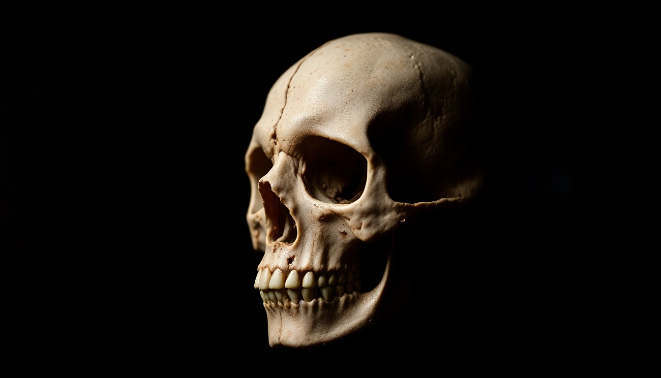 An extreme close-up photograph of a human skull fragment against a pitch-black background, lit by a harsh, direct camera flash, creating a stark, gritty, investigative aesthetic without depicting any violence.
