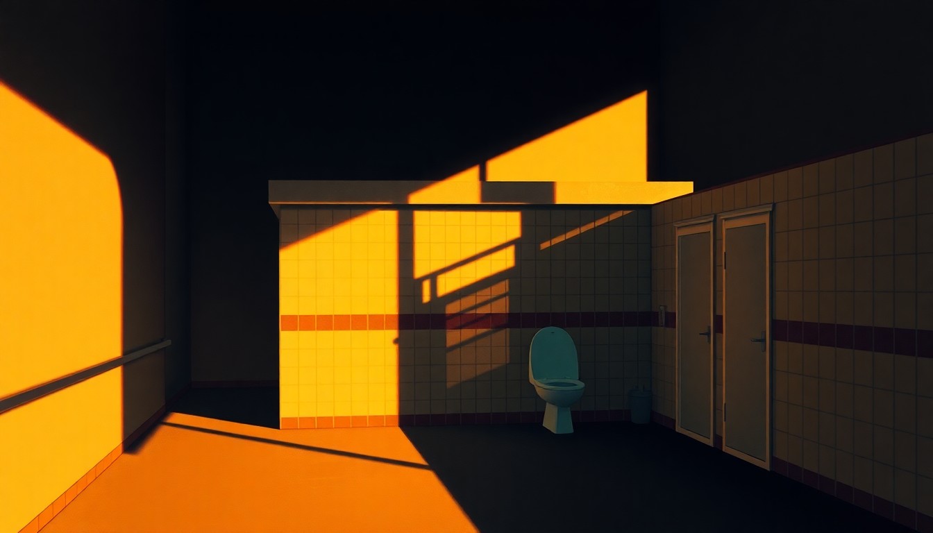 A warm, cinematic painting depicting a solitary public restroom facility in an urban setting, with soft lighting and deep shadows conveying a sense of quiet contemplation around the need for accessible public facilities.