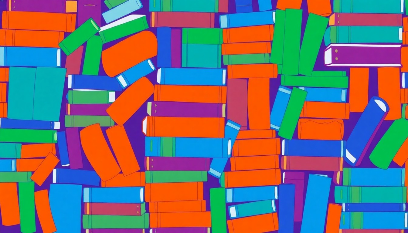 A bold, colorful silkscreen-style illustration featuring a repeating pattern of stacked academic books in bright, neon-like shades of blue, orange, and green, conceptually representing the University of South Florida's recognition for excellence in graduate programs.