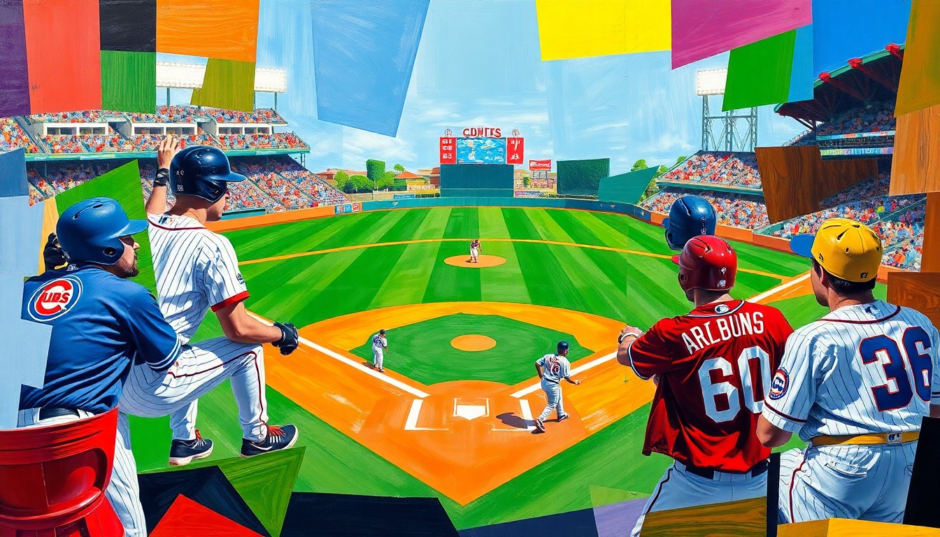 A fractured, geometric painting depicting a baseball diamond and players in the style of Pablo Picasso, with sharp overlapping planes in the team colors of the South Bend Cubs and Quad Cities River Bandits, conceptually representing the disruption caused by the field drainage issues.