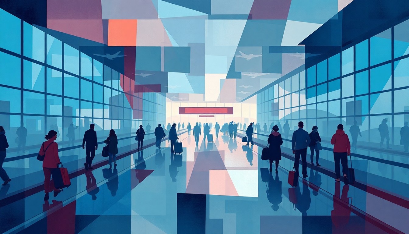 A dynamic, abstract painting featuring overlapping, geometric shapes and silhouettes of an airport terminal, conveying the conceptual conflict between federal authority and local sanctuary policies.
