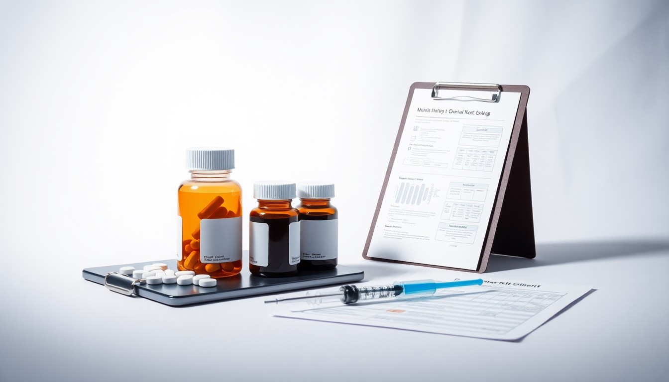 A high-end, photorealistic studio still-life photograph featuring a stack of pharmaceutical pill bottles, a syringe, and a clipboard with medical charts, all arranged elegantly on a clean, white seamless background. The objects are made from polished materials and use sharp, dramatic studio lighting and deep shadows to represent the abstract concepts of pharmaceutical research, clinical trials, and drug development.