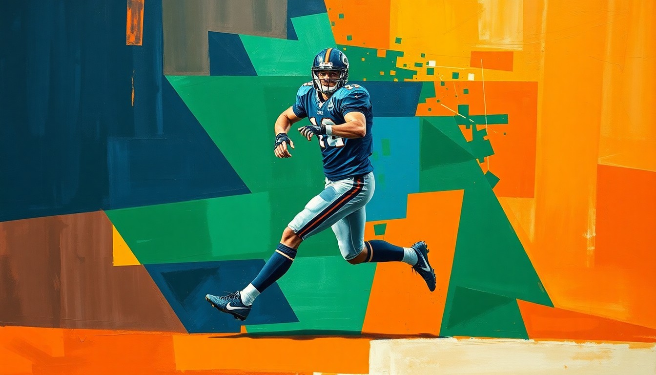 A fragmented, geometric painting depicting a football player in motion, with sharp planes of navy, green, and orange creating a dynamic, multi-angled composition.