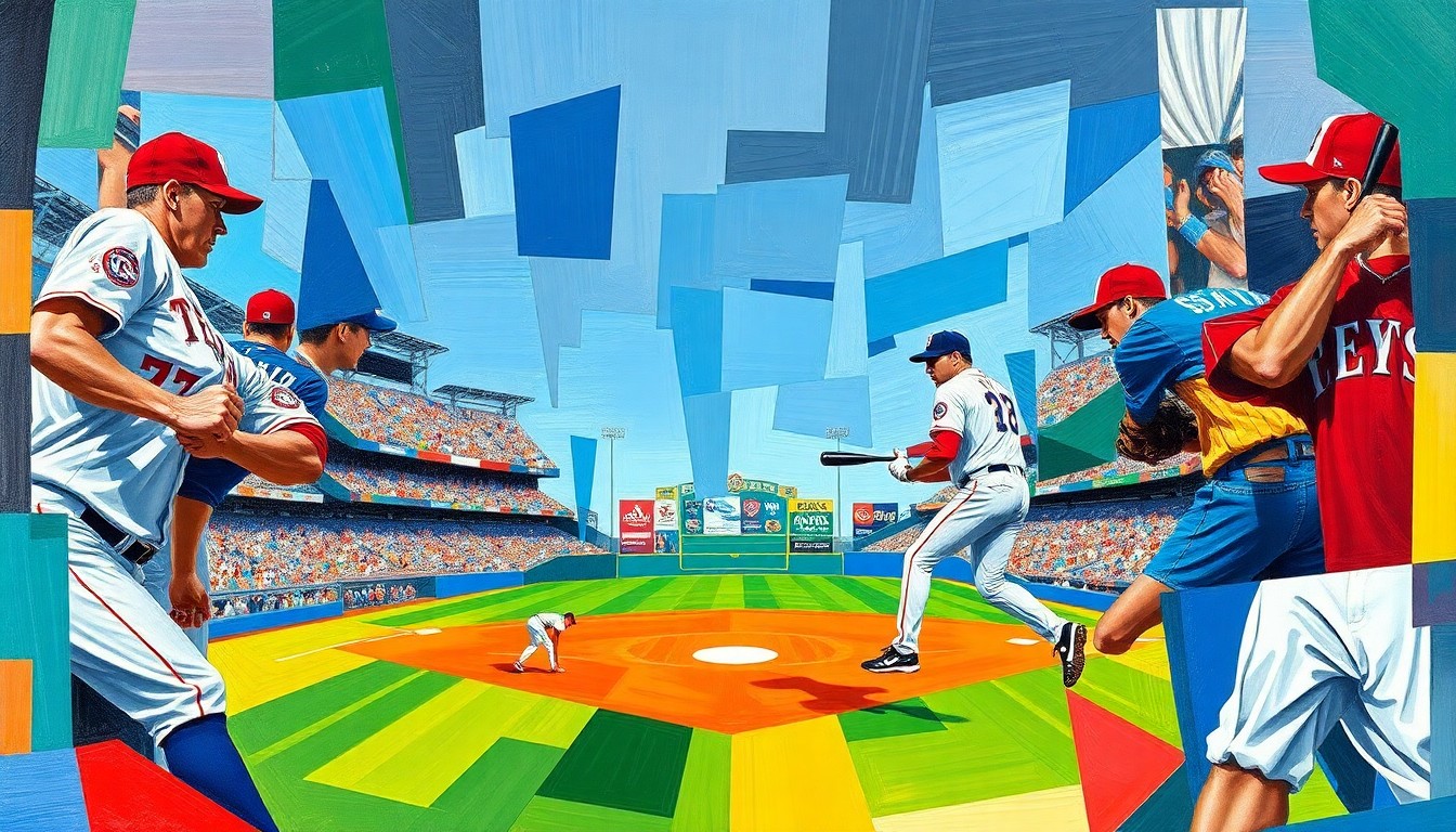 A fragmented, geometric painting in bold colors representing a baseball game, with overlapping shapes and planes conveying the dynamic action on the field.