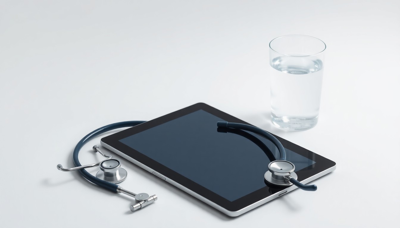 A minimalist studio still life featuring a tablet, stethoscope, and glass of water, symbolizing the integration of healthcare technology.