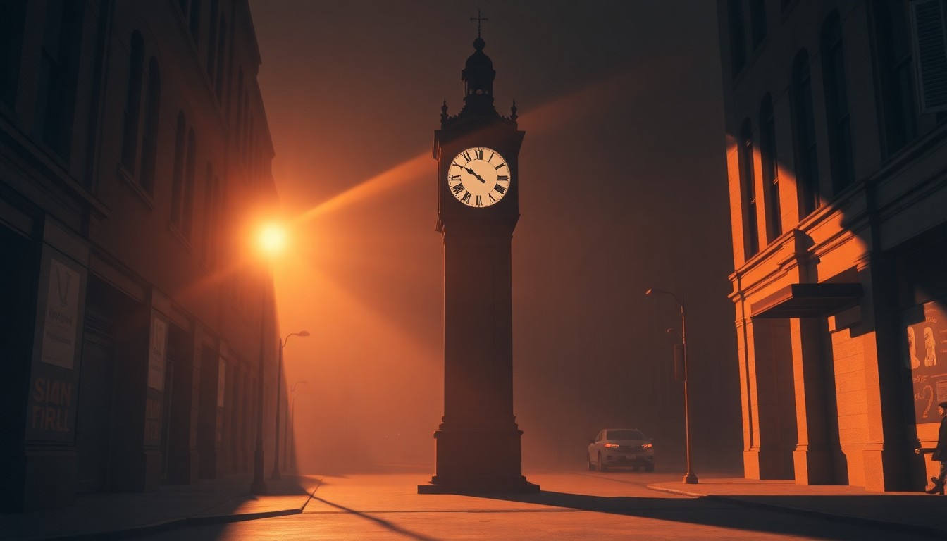 A serene, nostalgic painting of a lone clock tower on a city street, its face illuminated by warm, angled sunlight casting long shadows across the pavement, conceptually representing the debate over Daylight Saving Time.