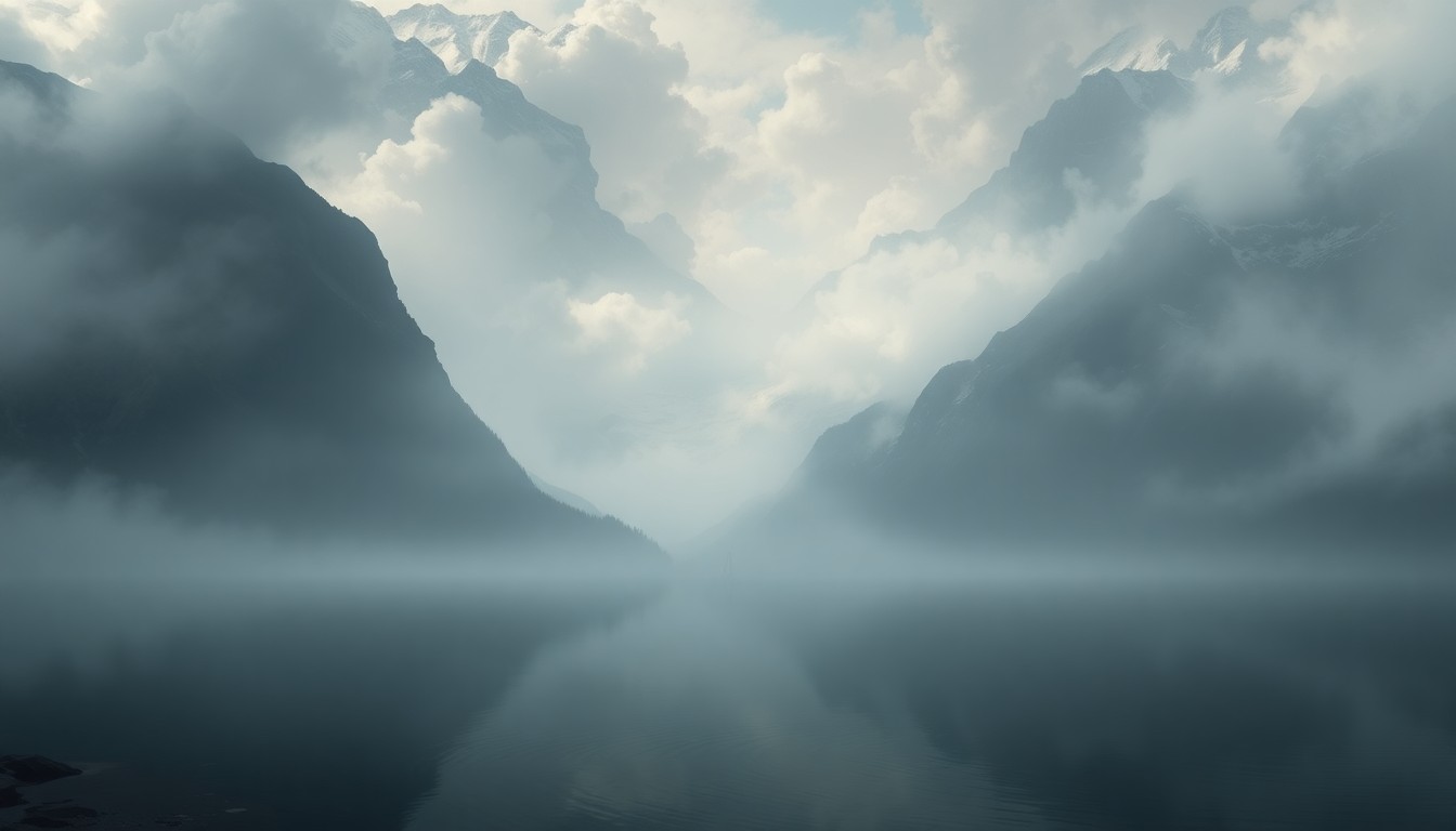 A serene, atmospheric landscape painting depicting a vast, fog-shrouded lake surrounded by towering, snow-capped mountains, conveying a sense of melancholic grandeur and the overwhelming scale of the natural world.