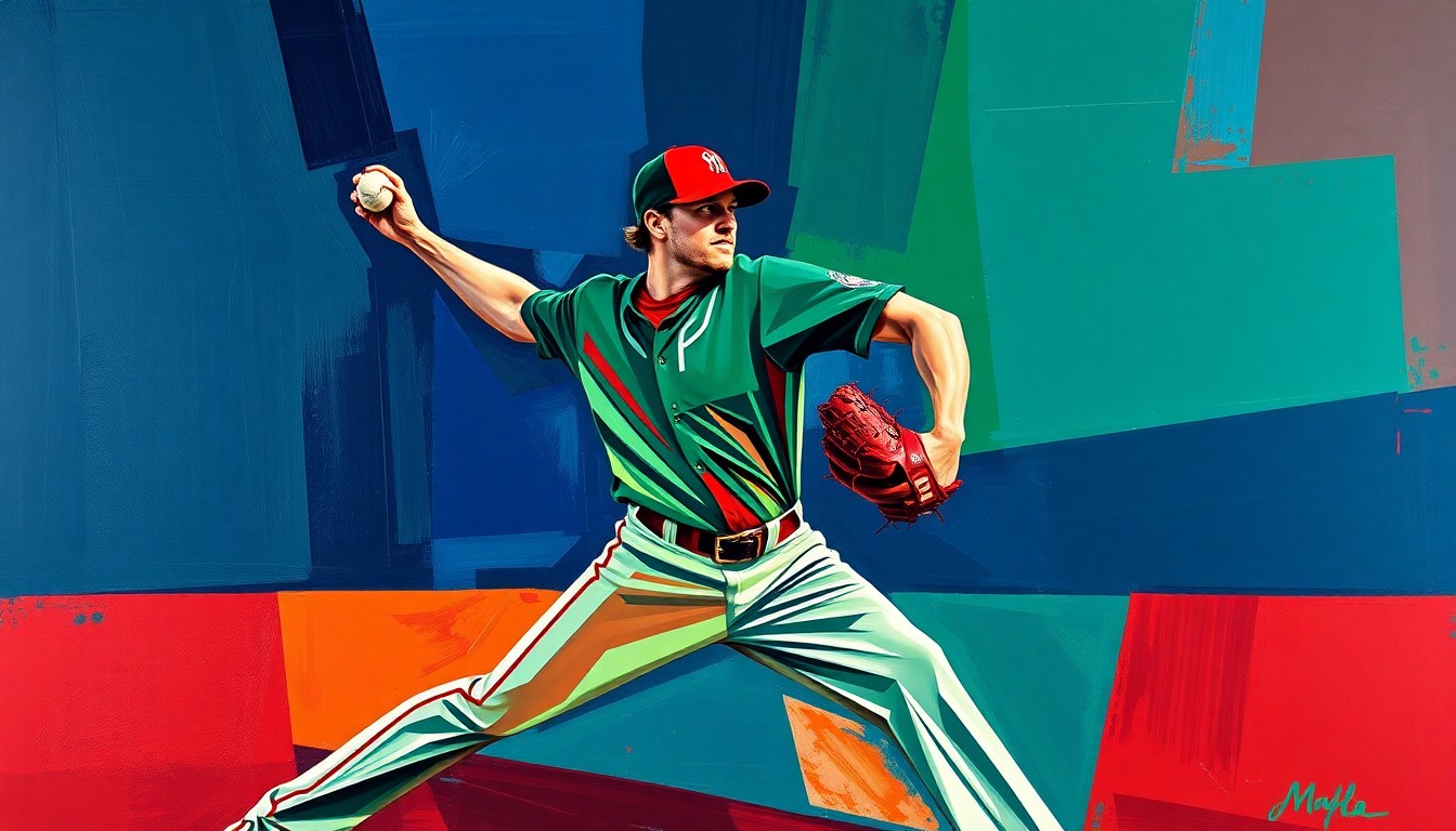 A cubist, geometric illustration depicting the various movements and angles of a baseball pitcher's delivery, rendered in bold, overlapping shapes and colors that capture the dynamism and power of the sport.