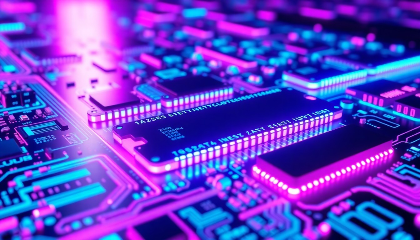 A highly detailed, glowing 3D illustration of futuristic memory modules and circuit boards in shades of neon blue, purple, and magenta, conceptually representing the next generation of high-performance, energy-efficient memory technologies.