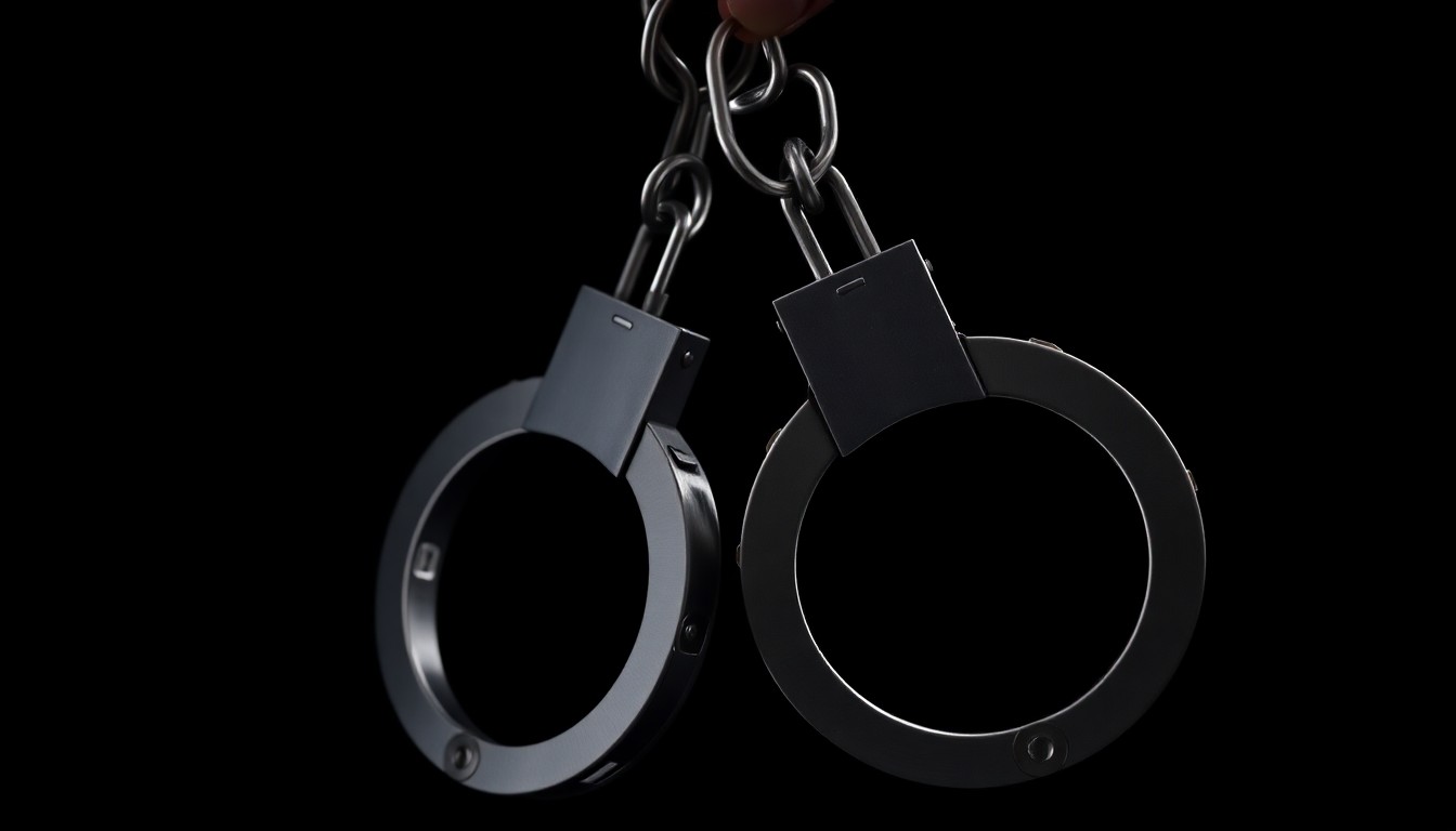 An extreme close-up photograph of a pair of handcuffs against a pitch-black background, lit by a harsh, direct camera flash, conceptually representing the criminal justice system and the need for rehabilitation programs.