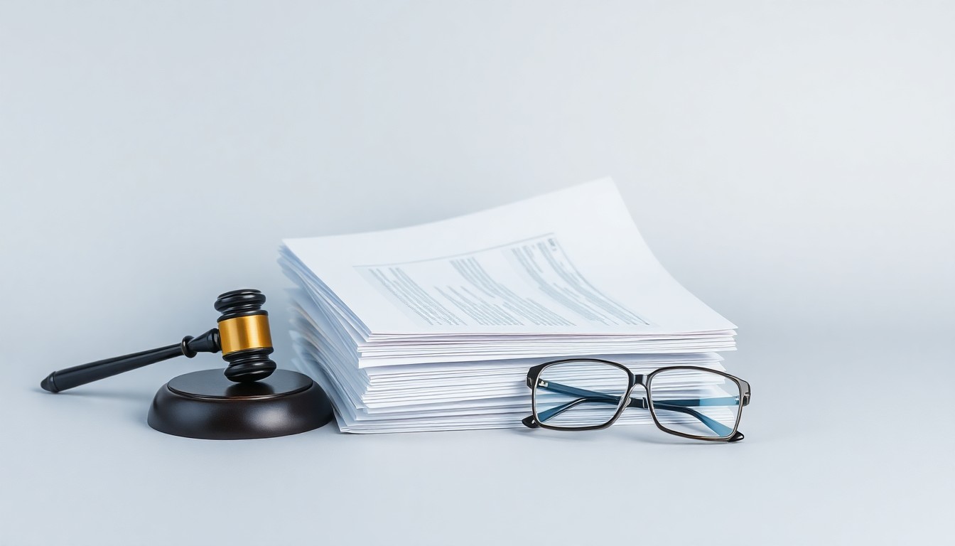 A photorealistic studio still life featuring a stack of legal documents, a gavel, and a pair of eyeglasses, conceptually representing the abstract themes of corporate litigation and investor rights.