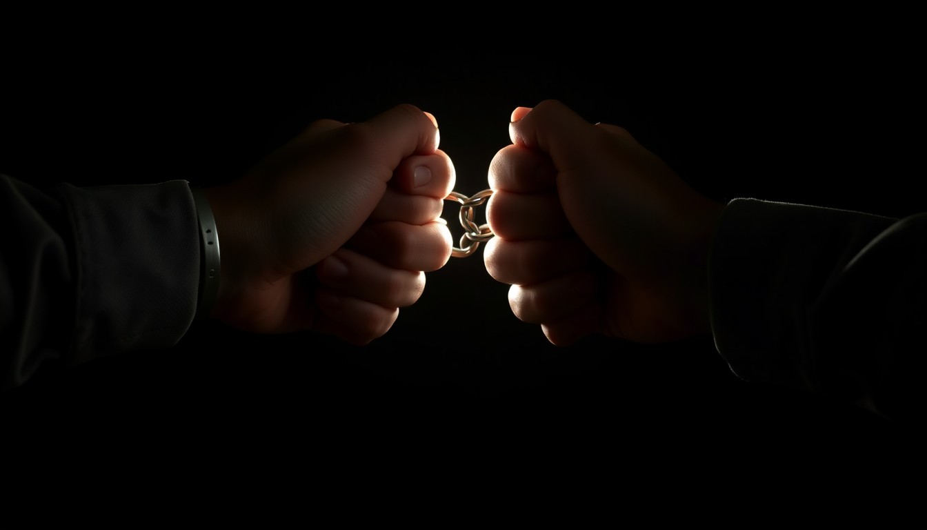 An extreme close-up of handcuffed wrists, the metal cuffs reflecting a harsh, direct flash of light against a dark background, creating a stark, gritty visual that conceptually represents the challenges of law enforcement.