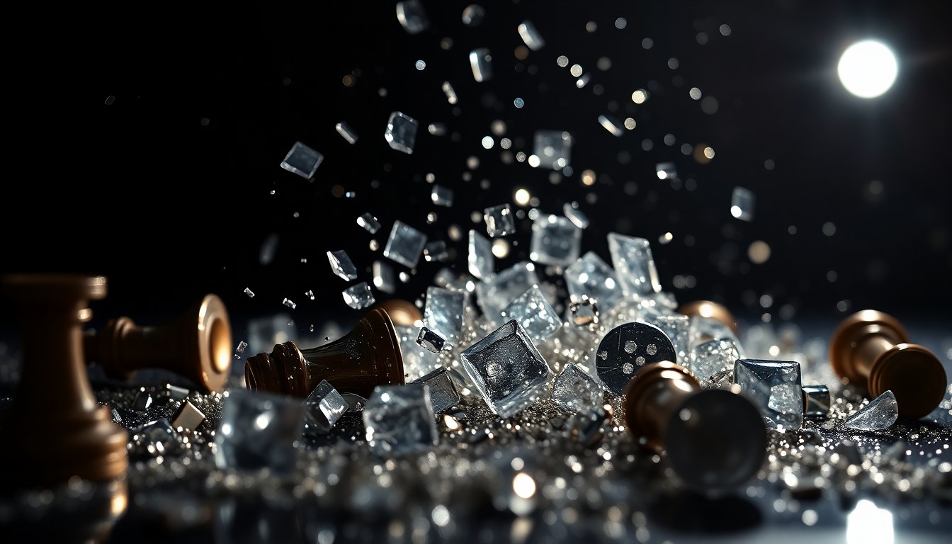 An abstract close-up image of shattered glass and glittering sequins, captured in dramatic, high-contrast studio lighting to convey the glamour and scandal of the competitive chess world.