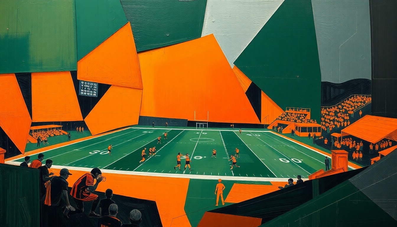 A cubist, geometric painting depicting a high school football game, with sharp, overlapping planes of color representing the dynamic action on the field.