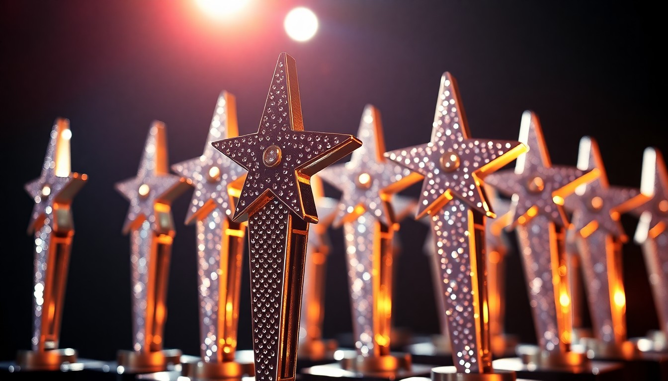 An extreme close-up photograph of several gold country music award statuettes, their surfaces reflecting dramatic studio lighting to create a high-contrast, glamorous aesthetic that captures the prestige and honor of the genre's top honors.