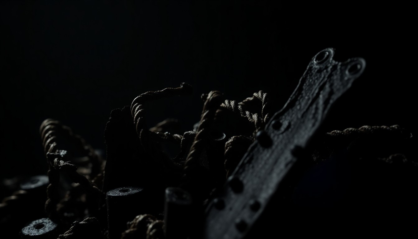 An extreme close-up of charred, twisted metal debris from a fire, captured in stark, dramatic lighting to convey the gritty, investigative nature of the incident.