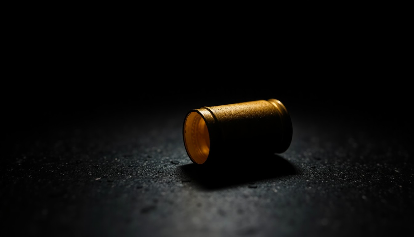 An extreme close-up photograph of a spent shell casing on a dark, textured surface, lit by a harsh, direct camera flash, conceptually illustrating the investigative process following a violent crime.