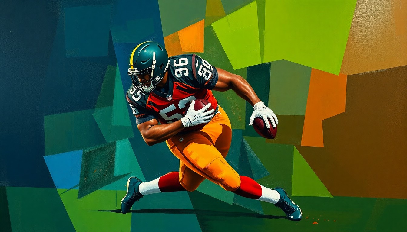A cubist, geometric painting depicting a defensive tackle making a tackle, with sharp, overlapping planes of dark blue, forest green, and burnt orange colors.