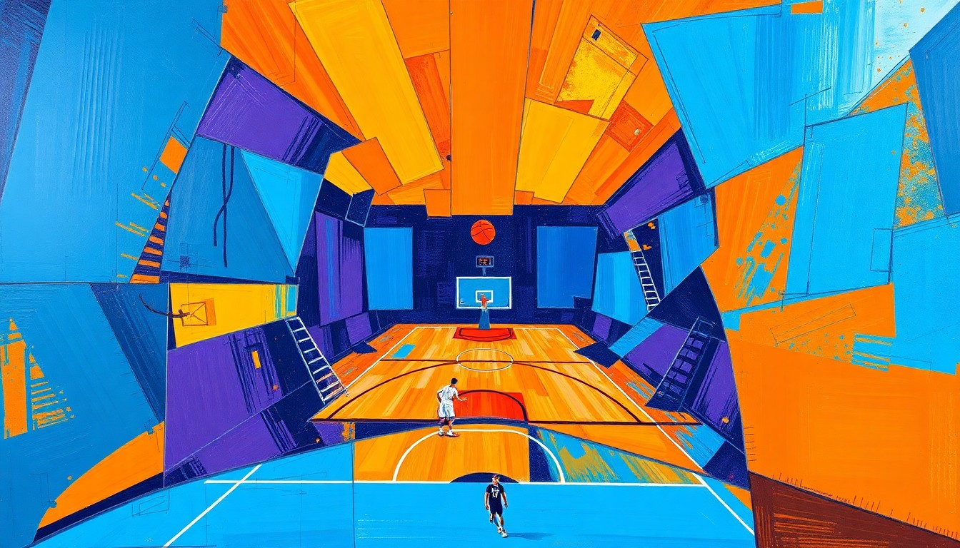 A fractured, cubist-style painting depicting the chaotic energy of a basketball game, with overlapping geometric shapes in vibrant colors representing the players and action on the court.