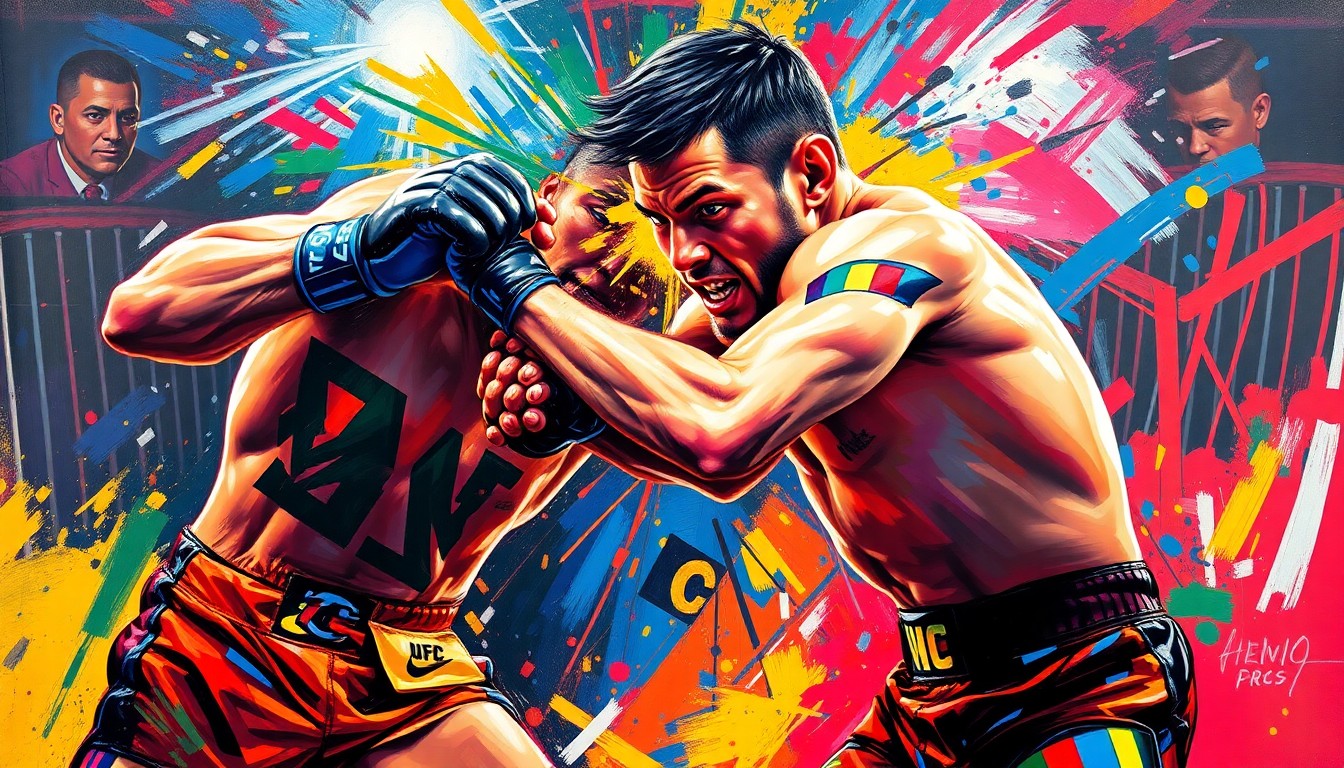 An abstract, expressionist painting in vibrant neon colors capturing the explosive power and energy of a UFC fighter landing a devastating body strike.