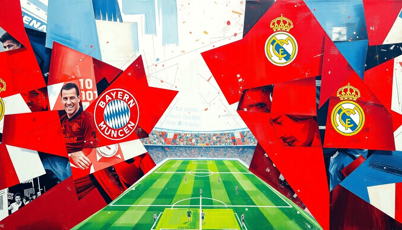 A cubist, geometric painting depicting a Champions League soccer match between two teams, with sharp, overlapping shapes and planes of color representing the action on the field.