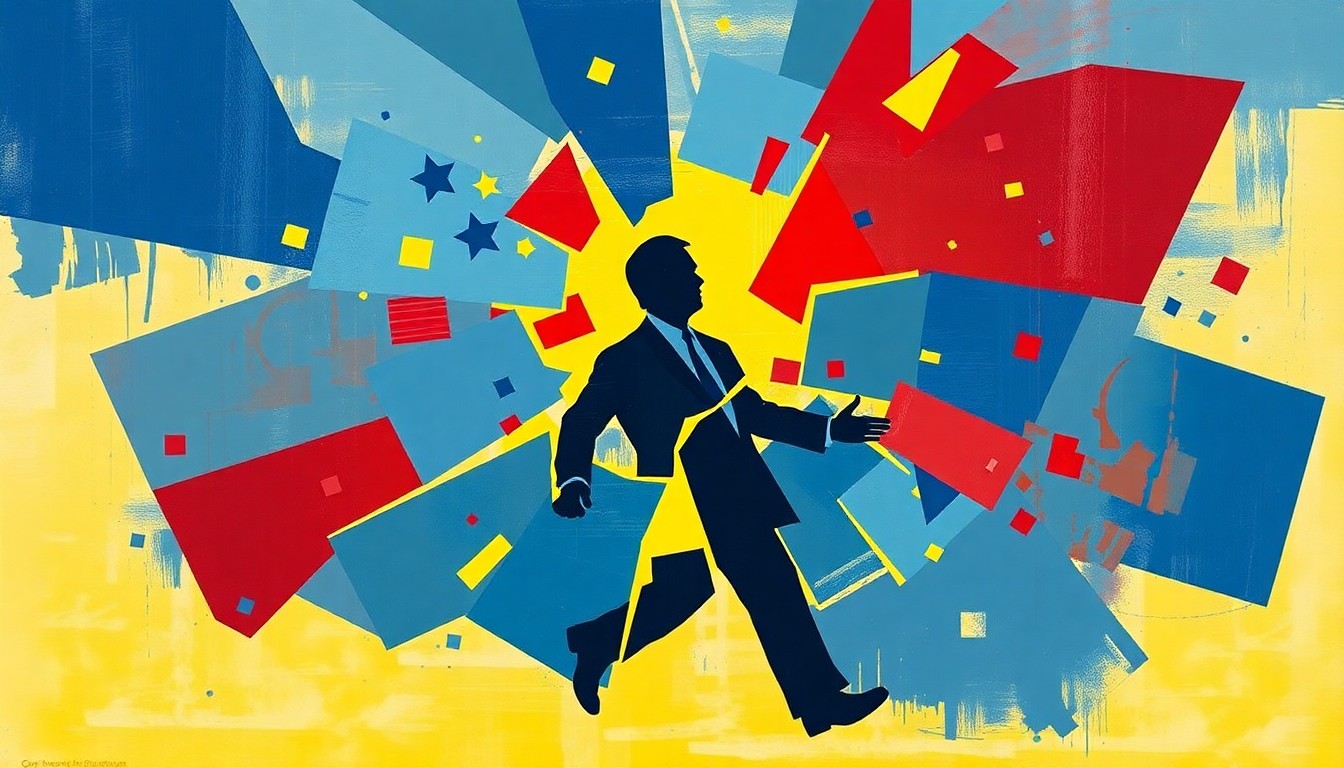 A fractured, abstract painting in shades of blue, red, and yellow depicting a silhouetted figure in motion, representing the tensions and divisions within the Democratic Party as it seeks to balance competing interests and appeal to a broad range of voters.