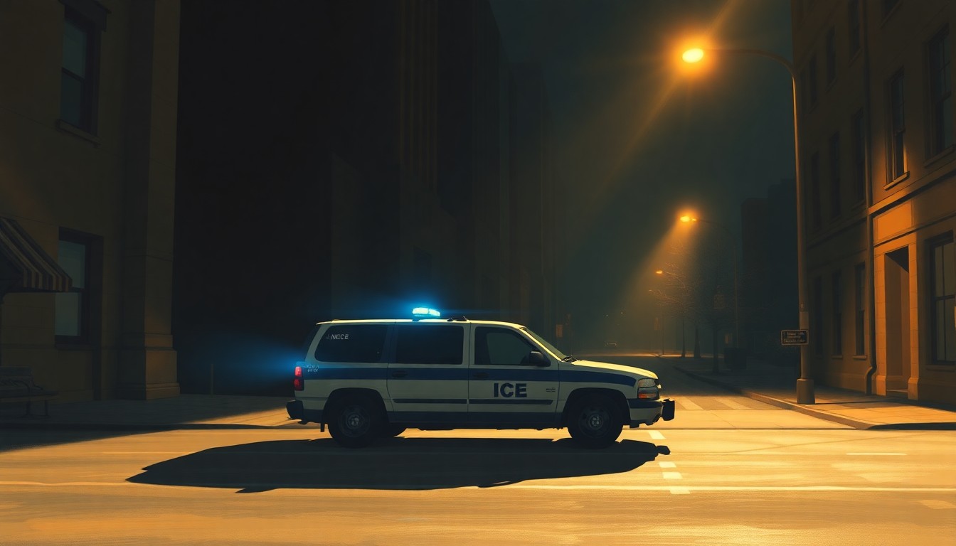 A cinematic painting of an ICE agent's vehicle parked on a dimly lit urban street, with warm sunlight and deep shadows creating a sense of quiet unease and uncertainty.