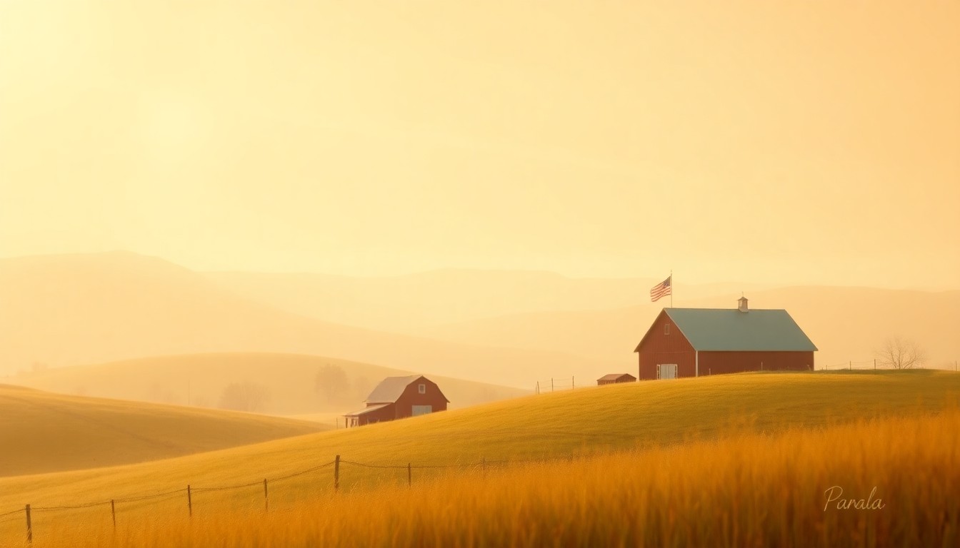 A soft, impressionistic photograph in warm, hazy tones depicting a rural landscape with rolling hills, a red barn, and a faint American flag waving in the distance, conveying a sense of nostalgia, community, and patriotism.