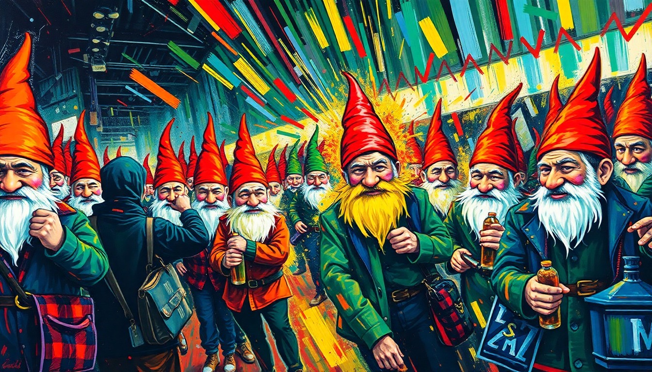 An abstract expressionist painting in neon colors depicting a chaotic, energetic scene of people rushing and reaching towards an unseen object, capturing the frenzy and excitement of the Masters gnome craze.