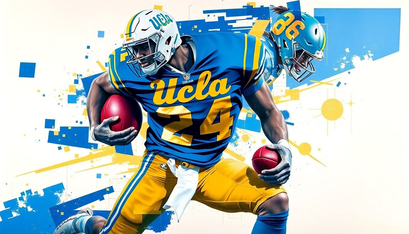 A fractured, geometric painting depicting a UCLA football player in mid-motion, with sharp, overlapping planes of blue, gold, and white conveying the explosive energy of the Pro Day showcase.