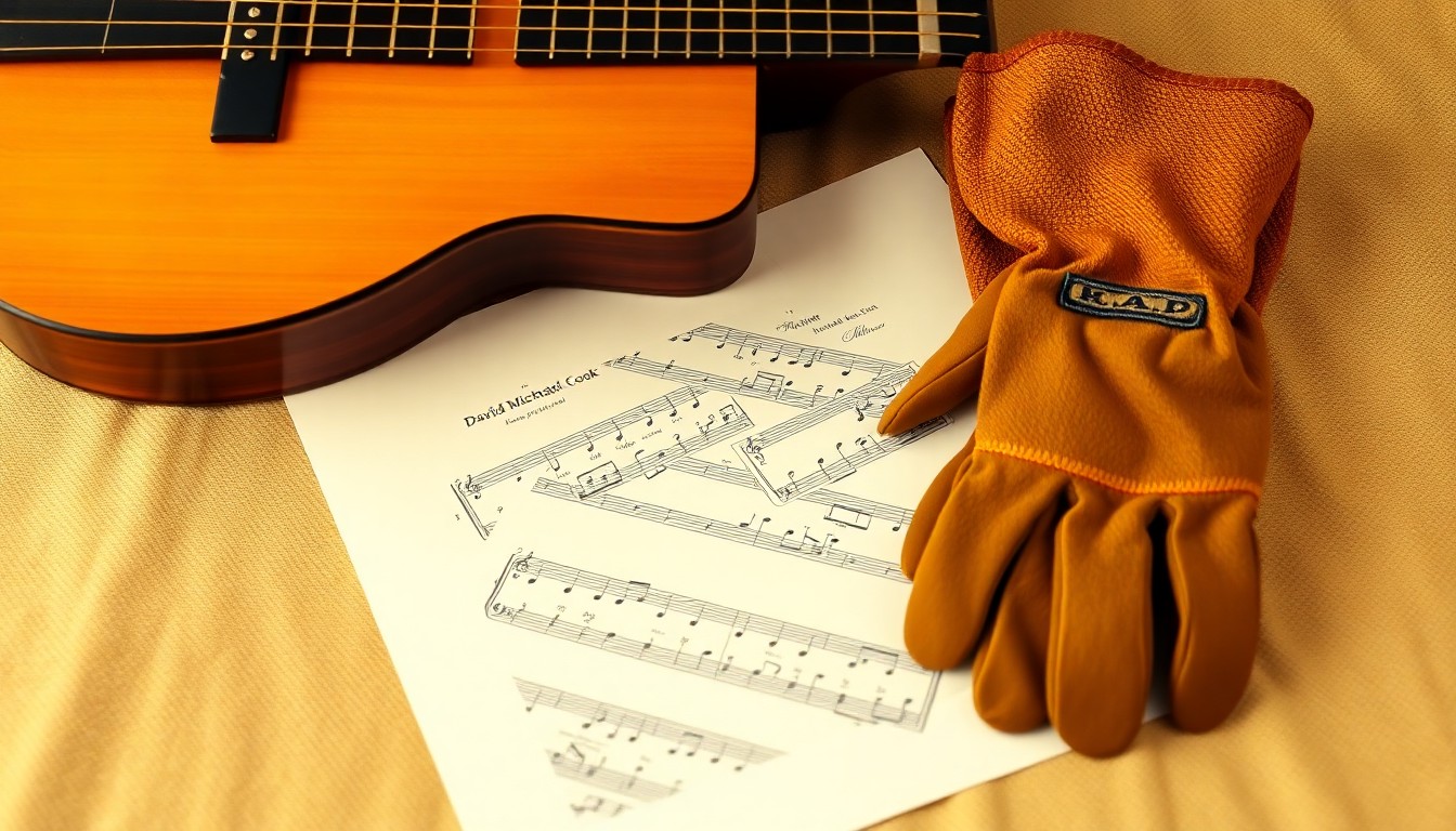 An extremely abstracted, out-of-focus photograph in soft pools of warm color and light, depicting the blurred silhouettes of a guitar, sheet music, and a pair of work gloves, conceptually representing the creative passions and hands-on skills of David Michael Cook.