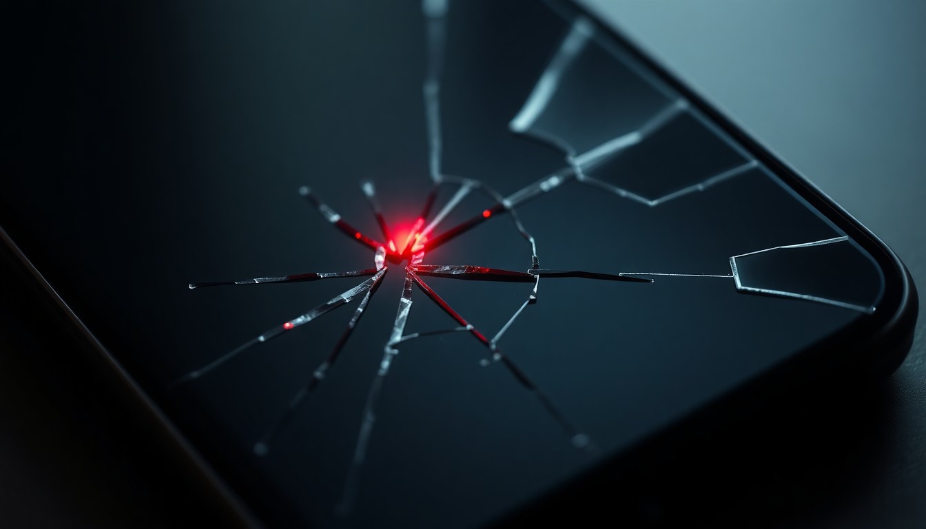 An extreme close-up of a shattered smartphone screen, the cracked glass reflecting a faint red light, conceptually representing the hidden darkness behind an influencer's carefully curated public image.