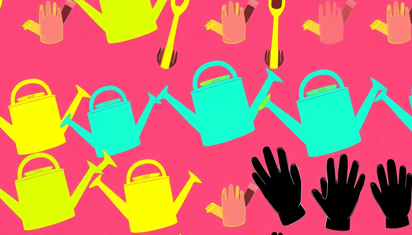 A bold, silkscreen-style illustration featuring a repeating pattern of a bright yellow watering can against a backdrop of neon pink and electric blue, capturing the playful and artistic energy of the community garden's anniversary event.