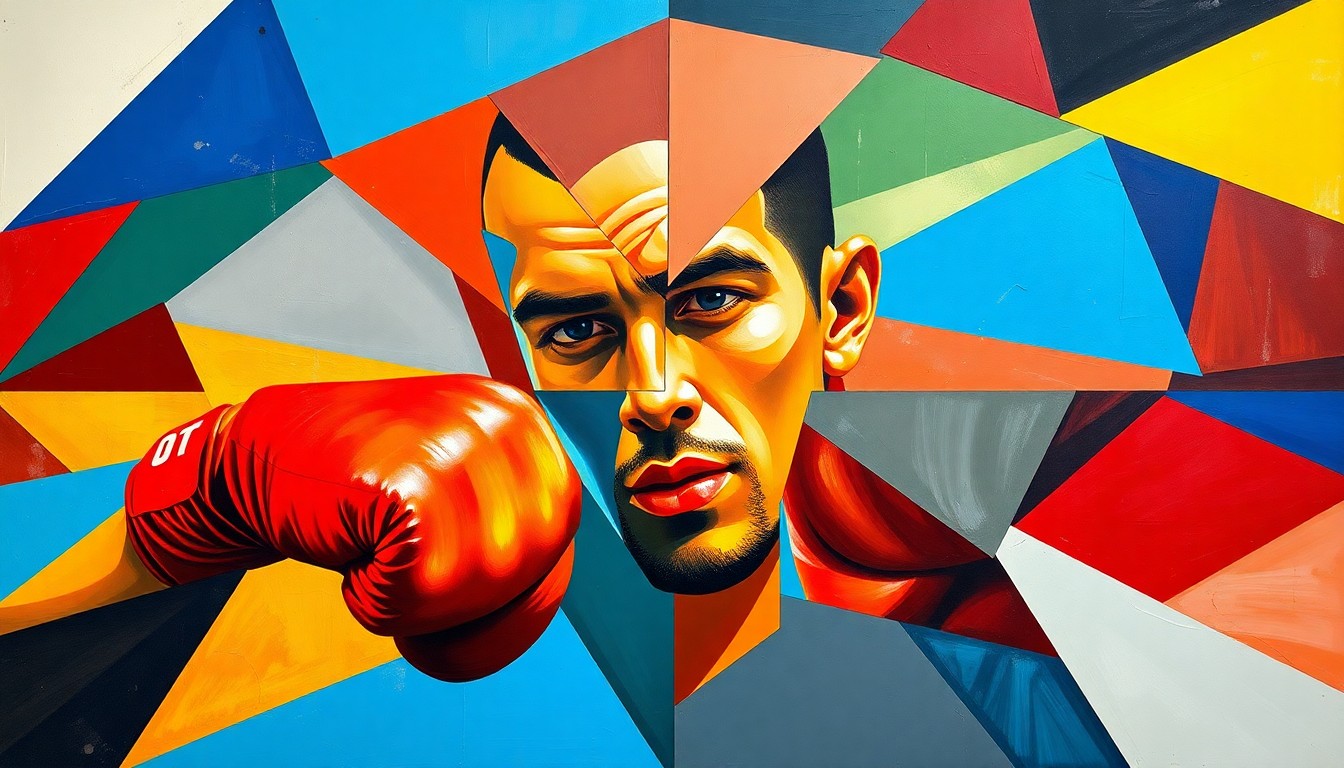 A cubist, geometric painting depicting Canelo Alvarez's college enrollment, with overlapping planes of color and shape representing his determination to grow beyond the boxing ring.