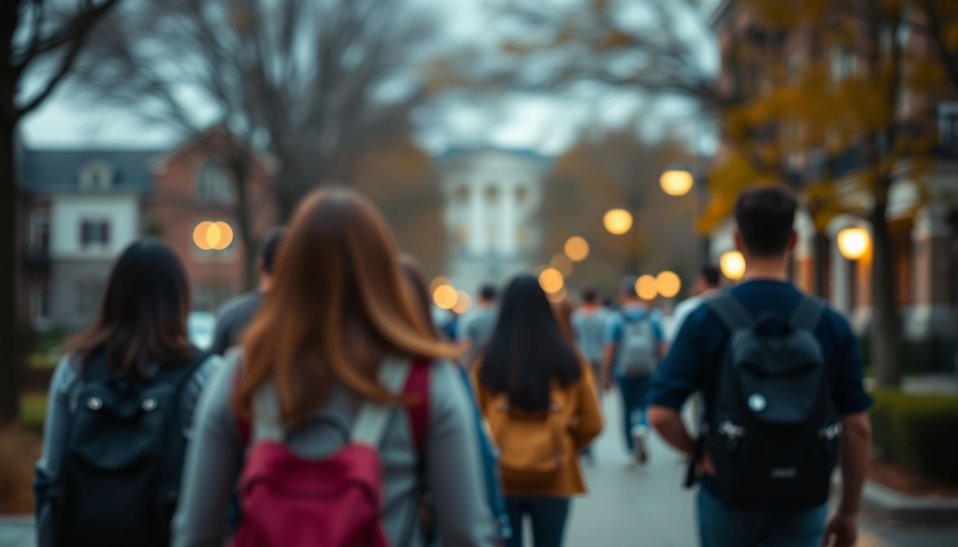 An abstract, out-of-focus photograph in soft, warm tones depicting the blurred silhouettes of students walking across a college campus, conveying the welcoming atmosphere of an open house event.