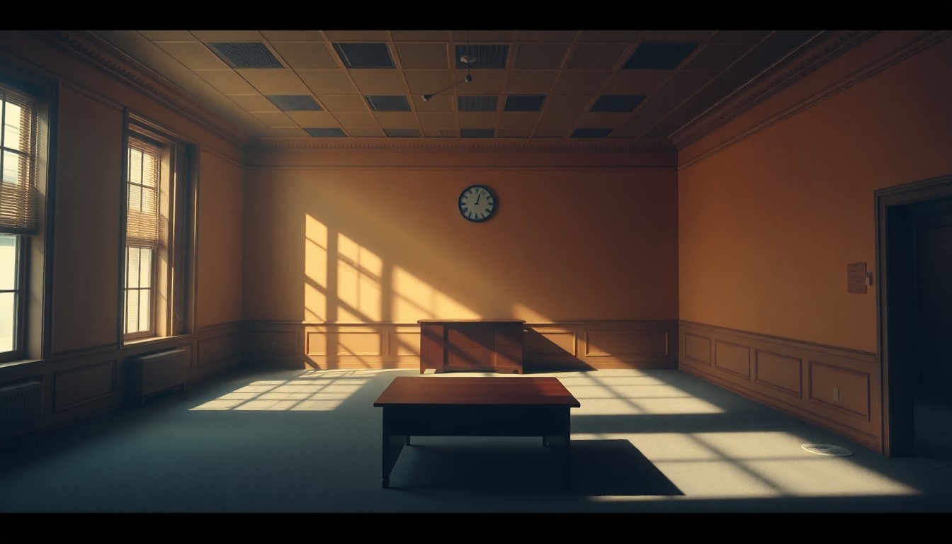 A dimly lit, cinematic painting of an empty government office space, with warm sunlight streaming in through the windows and deep shadows casting an ominous mood, conceptually representing the fragility of democratic institutions in the face of political turmoil.