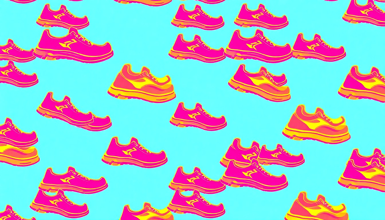 A bold, abstract silkscreen-style illustration featuring a repeated icon of a running shoe in bright neon pink, yellow, and blue, conveying the energetic spirit of the Tyler Run for Autism event.