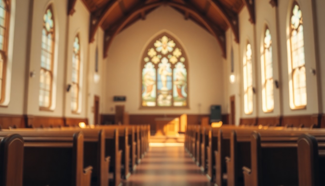 An abstract, out-of-focus photograph in soft, warm tones depicting the interior of a church, conceptually representing the spiritual life and community involvement of Barbara Ammerman.