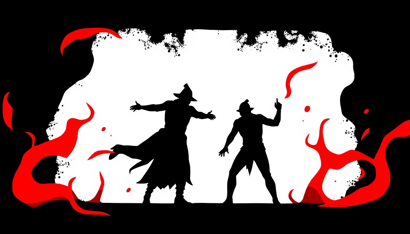 A dramatic, abstract illustration featuring bold black silhouettes and fiery red shapes, conveying the intense and supernatural themes of the 'Inferno' circus performance.