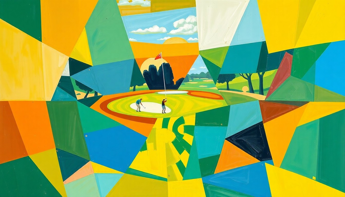 A fragmented, geometric painting in vibrant colors depicting a golf tournament, with sharp planes and overlapping perspectives conveying the dynamic energy of the event.