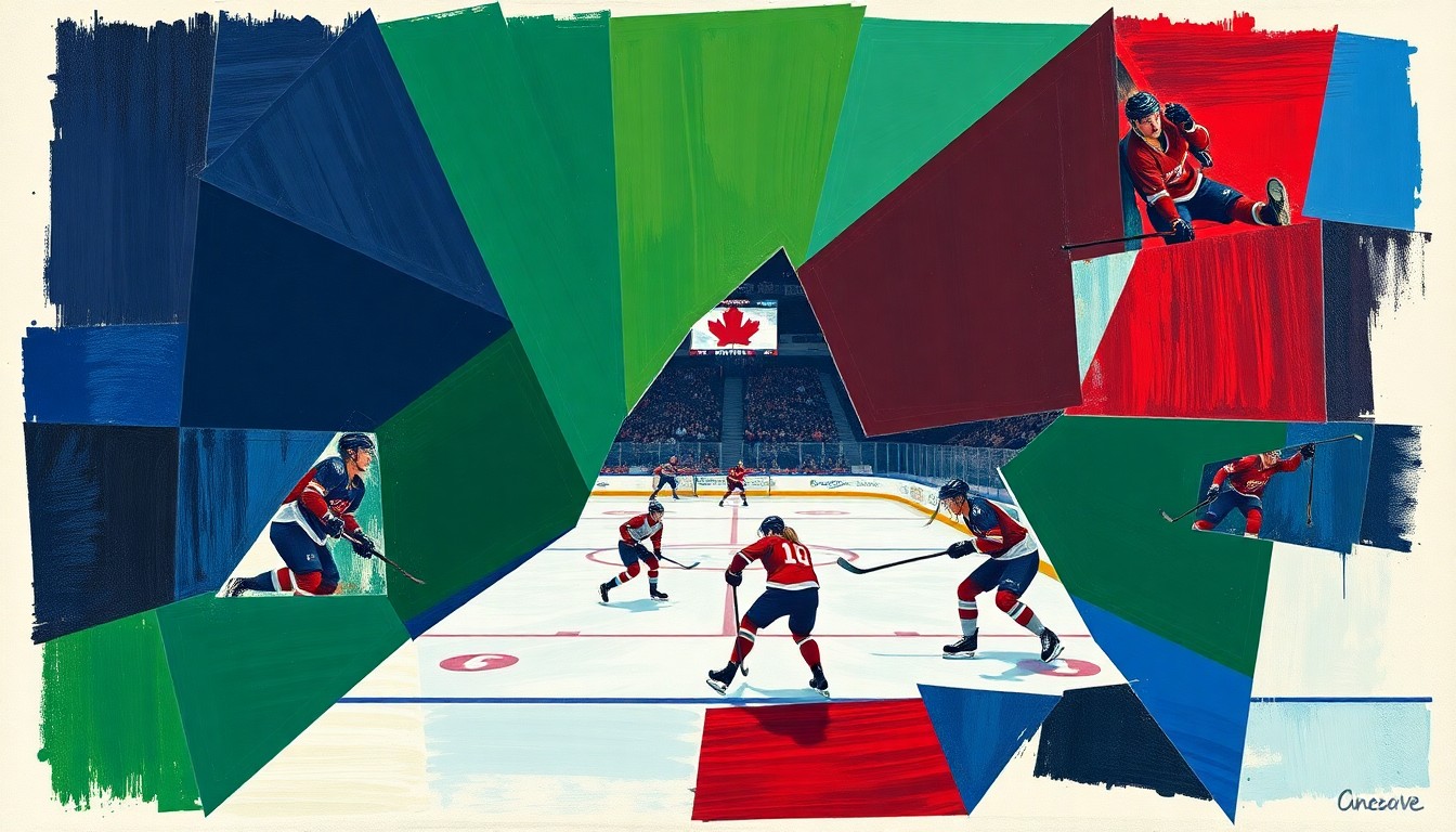 A fragmented, geometric painting depicting the action of a women's hockey game, with sharp planes of navy, green, and red overlapping to create a dynamic, abstract composition.