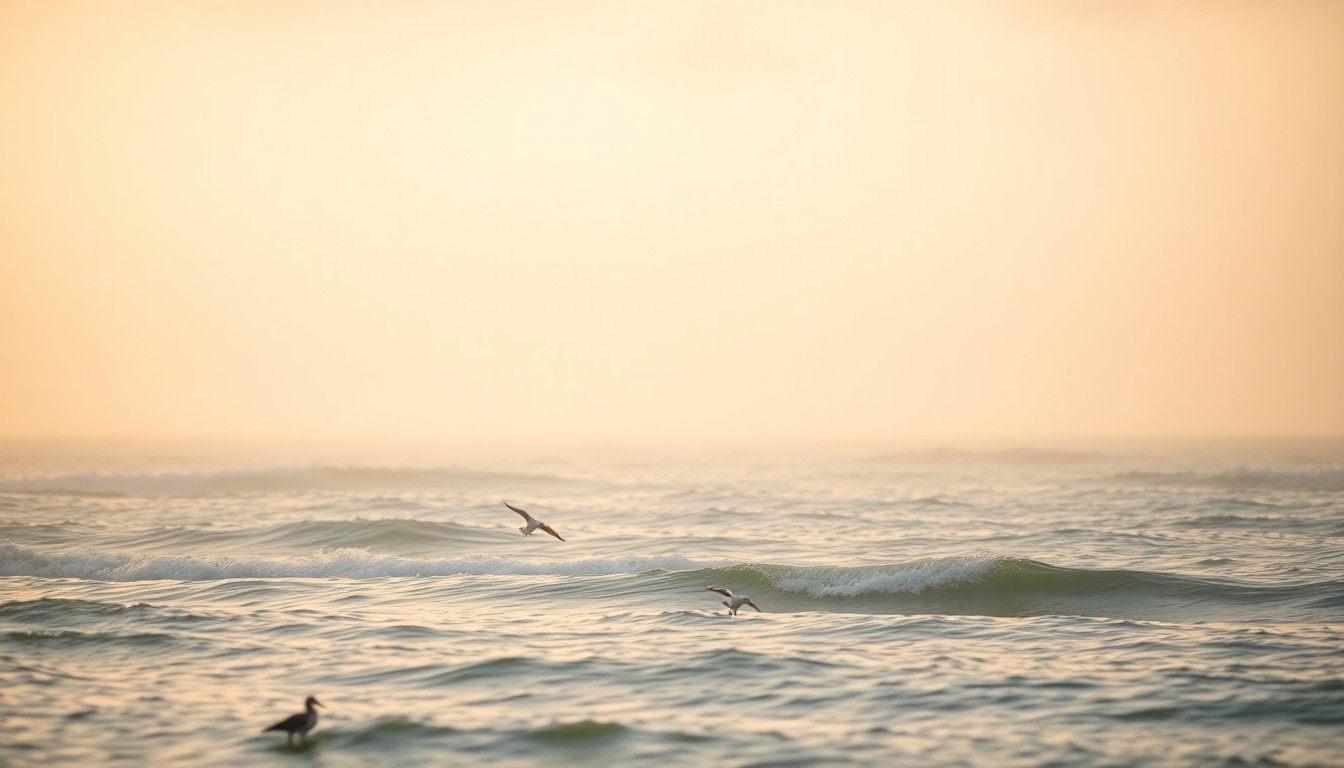 An extremely abstracted, out-of-focus photograph in warm, muted tones depicting a serene coastal scene with gentle waves, seabirds, and a distant horizon, conceptually representing the tranquil and contemplative nature of Anita Joy Stockton's life and legacy.