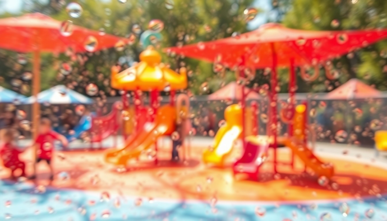 An abstract, impressionistic scene of a sun-dappled playground, with blurred shapes and colors suggesting swings, slides, and other play equipment, all captured in a soft, dreamy, out-of-focus style.