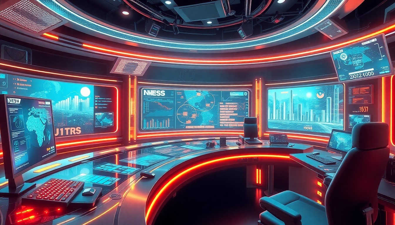 A highly detailed, glowing 3D illustration of a futuristic news control center with holographic displays, pulsing data streams, and neon-lit hardware components, conceptually representing the advanced, AI-powered news production capabilities of Amagi's Newspulse platform.