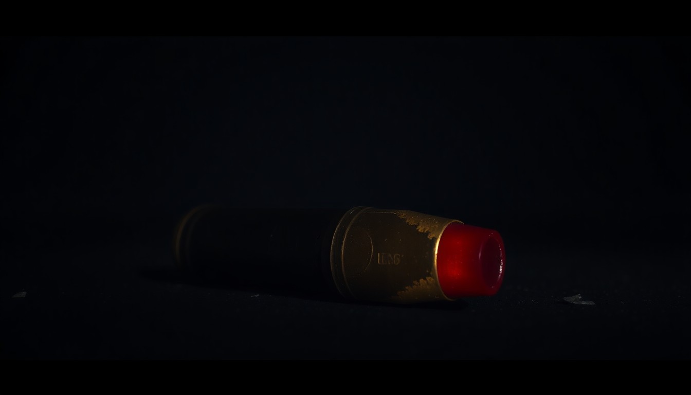 An extreme close-up of a spent shell casing on the ground, reflecting the harsh light of a camera flash, conceptually illustrating the aftermath of a shooting incident.