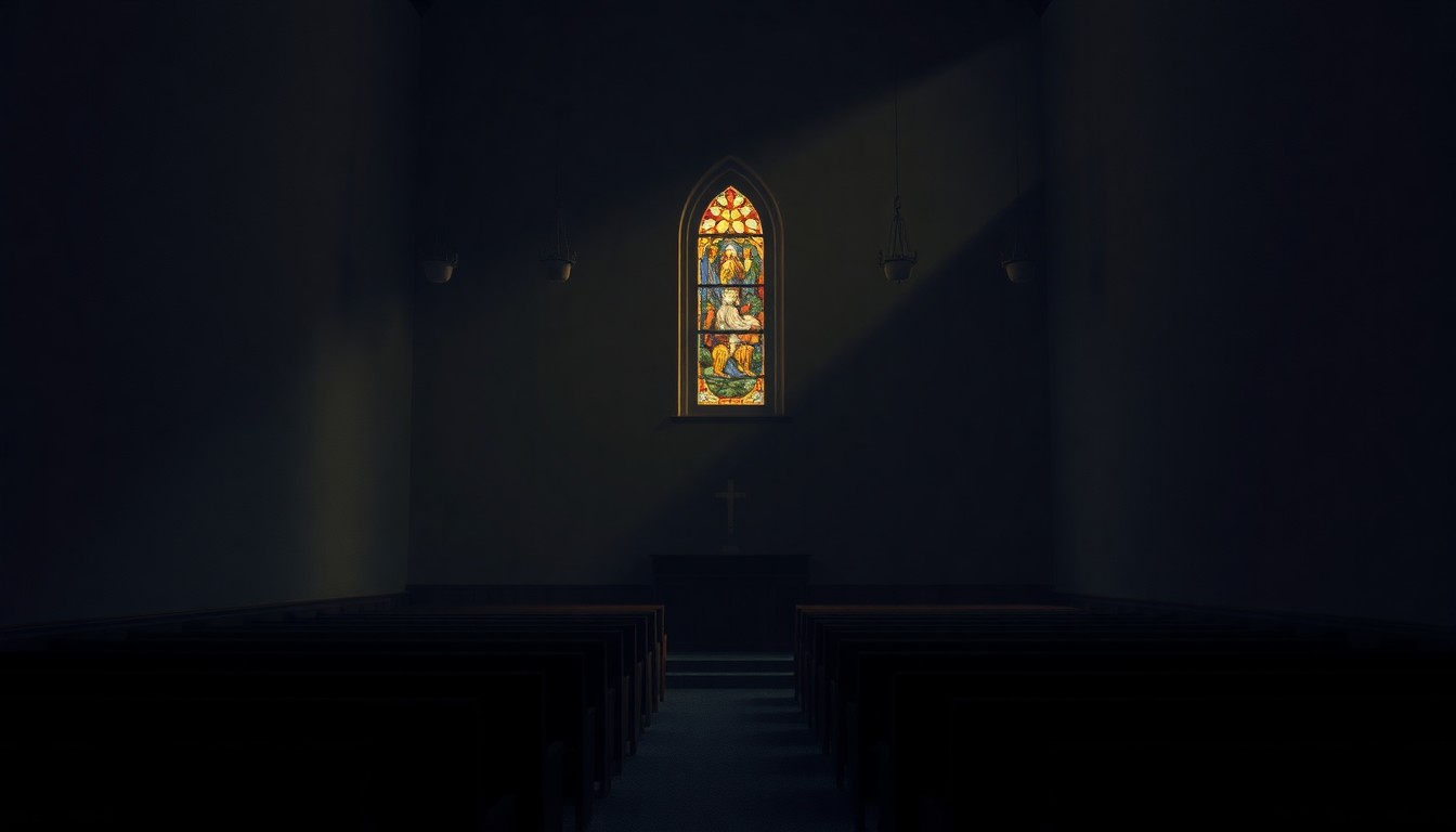 A dimly lit church interior with a single stained glass window casting warm, diagonal light across the empty pews, evoking a sense of quiet contemplation and spiritual reflection in the face of global conflict.