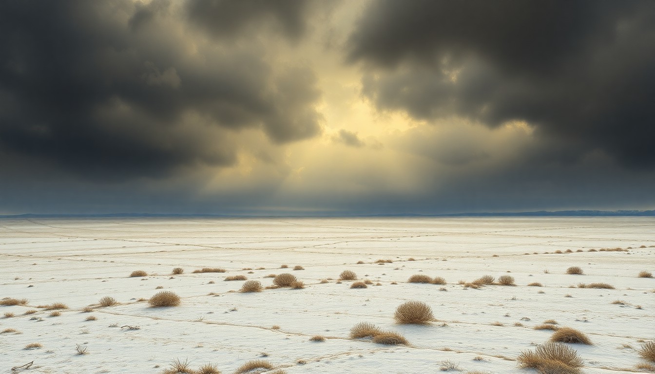 A sweeping, atmospheric landscape painting in muted tones of gray, blue, and white, capturing the vast, desolate scale of a frozen field under a heavy, overcast sky, conveying the overwhelming force of the natural world.