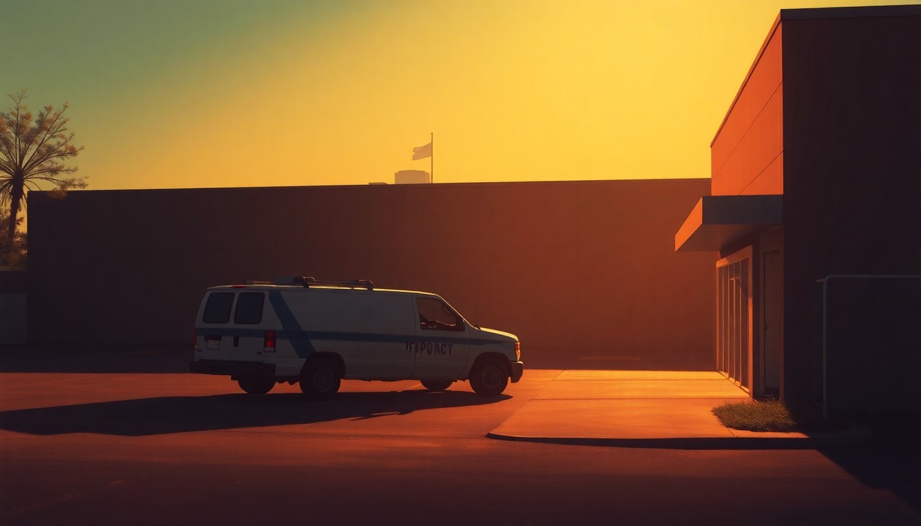 A photorealistic painting of a government vehicle parked outside a nondescript government building, with the vehicle bathed in warm, golden light and deep shadows, conveying a sense of quiet contemplation and unease.